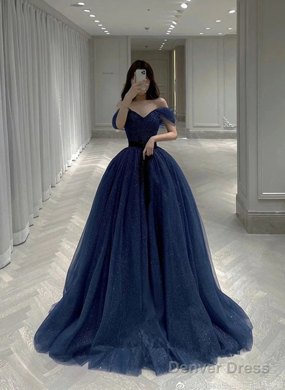A-Line Sweetheart Tulle Navy Blue Shiny Tulle Prom Dress, Blue Long Prom Dresses Main image