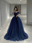 A-Line Sweetheart Tulle Navy Blue Shiny Tulle Prom Dress, Blue Long Prom Dresses