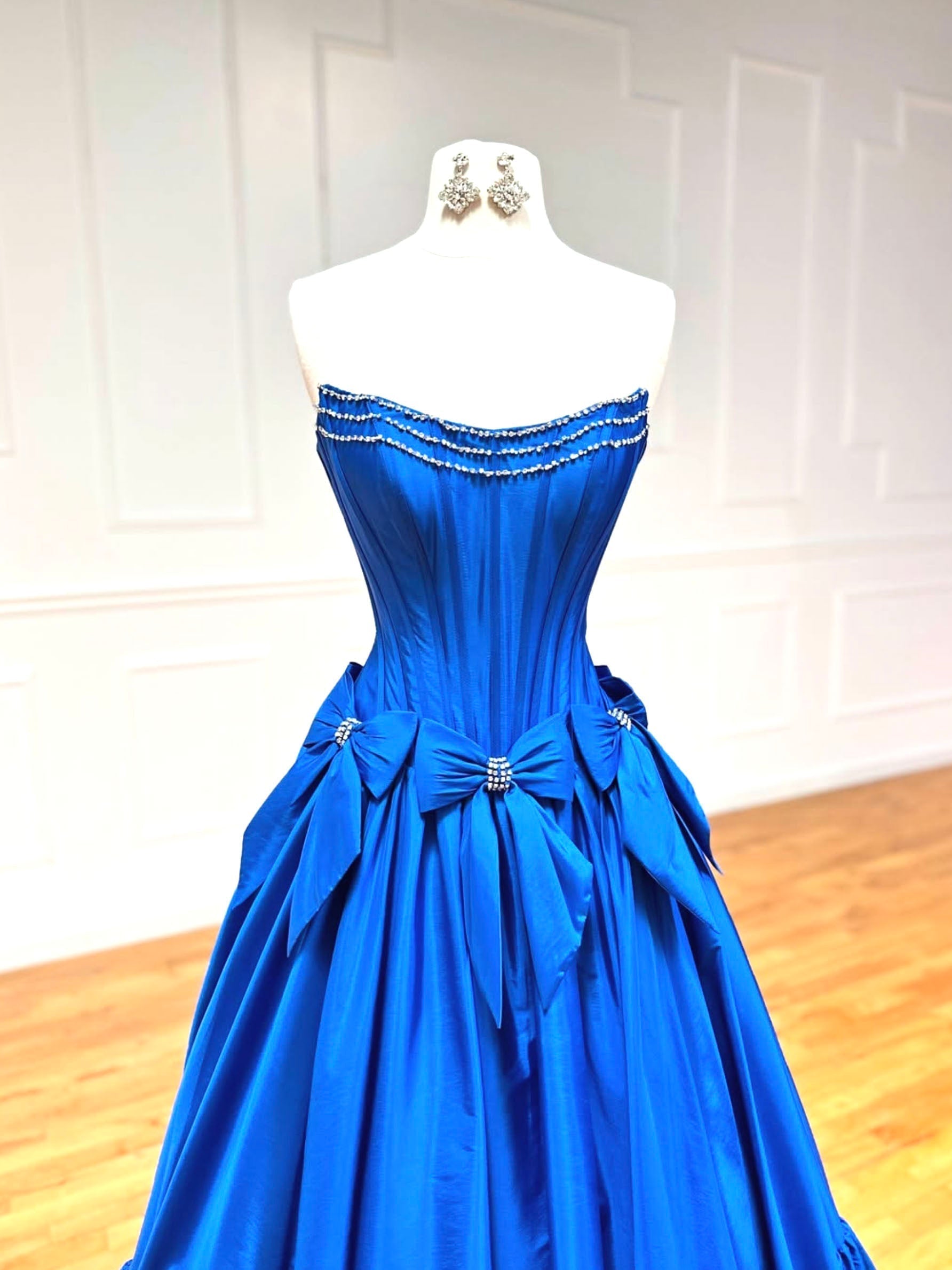 A-Line Taffeta Blue Long Prom Dresses, Blue Long Evening Dresses