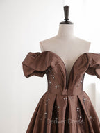 A Line Tea length Brown Prom Dress, Off Shoulder Brown Prom Dresses with Beading