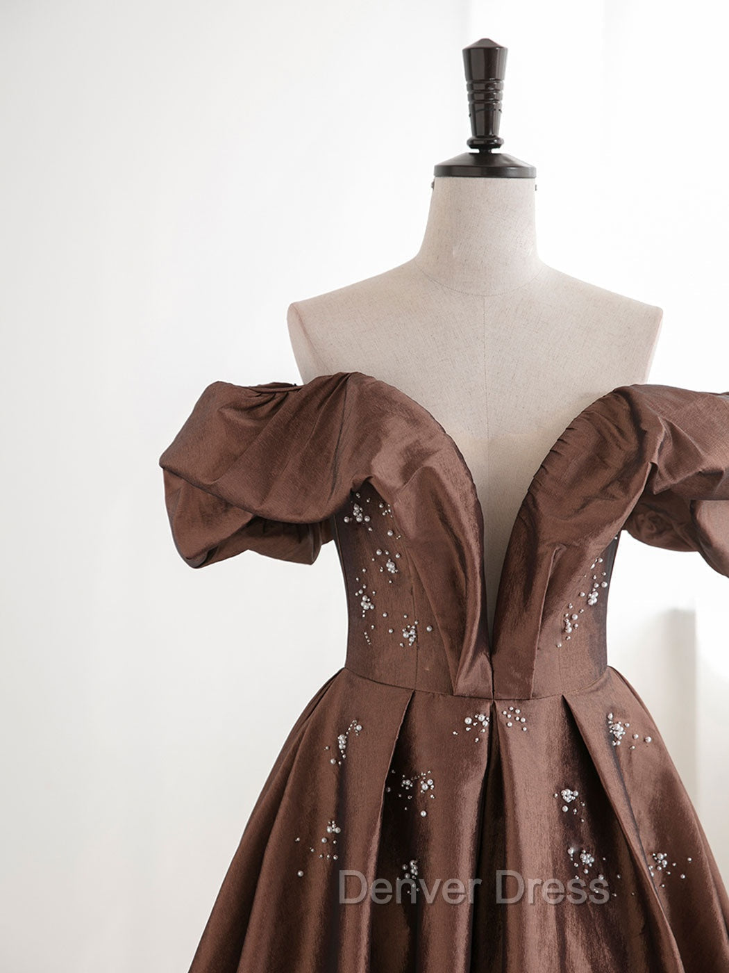 A Line Tea length Brown Prom Dress, Off Shoulder Brown Prom Dresses with Beading