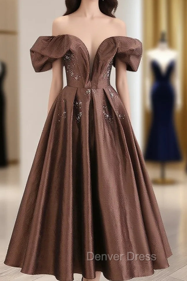 A-Line Tea length Brown Prom Dresses, Off Shoulder Brown Formal Dresses with Beading