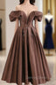 A-Line Tea length Brown Prom Dresses, Off Shoulder Brown Formal Dresses with Beading