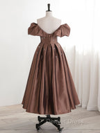 A-Line Tea length Brown Prom Dresses, Off Shoulder Brown Formal Dresses with Beading