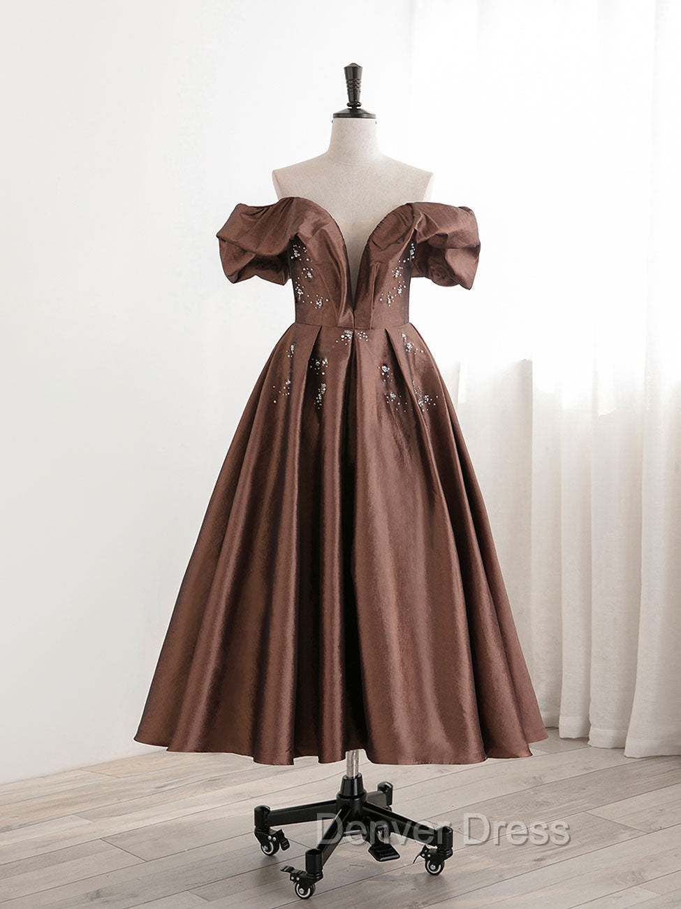 A-Line Tea length Brown Prom Dresses, Off Shoulder Brown Formal Dresses with Beading