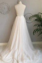 A Line Thin Shoulder Strap Beach Wedding Dress Lace And Floor Length Wedding Dresses
