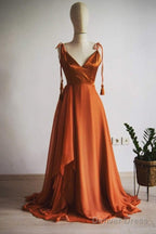 A Line Tie Shoulder Long Bridesmaid Dresses