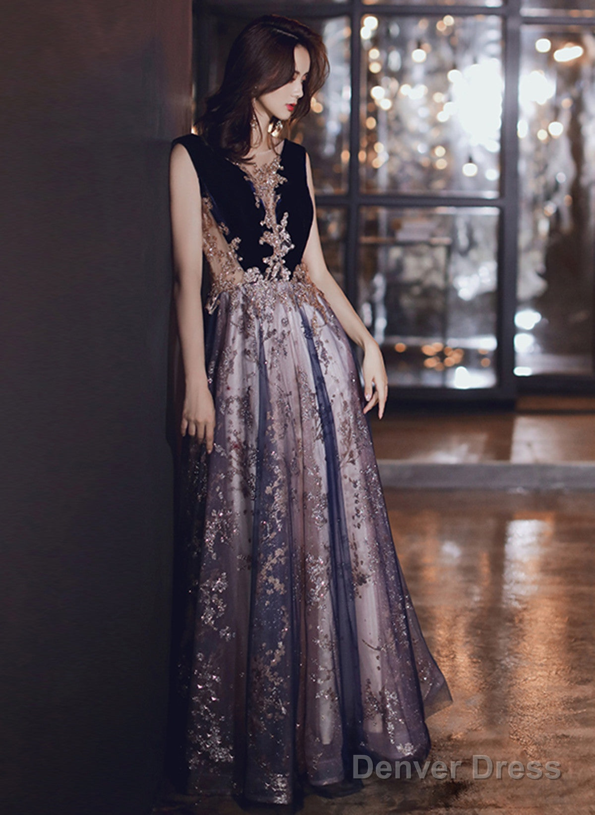 A Line Tulle And Velvet Long Prom Dress, Long Prom Dresses With Lace Secondary image