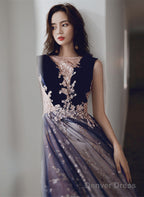 A Line Tulle And Velvet Long Prom Dress, Long Prom Dresses With Lace