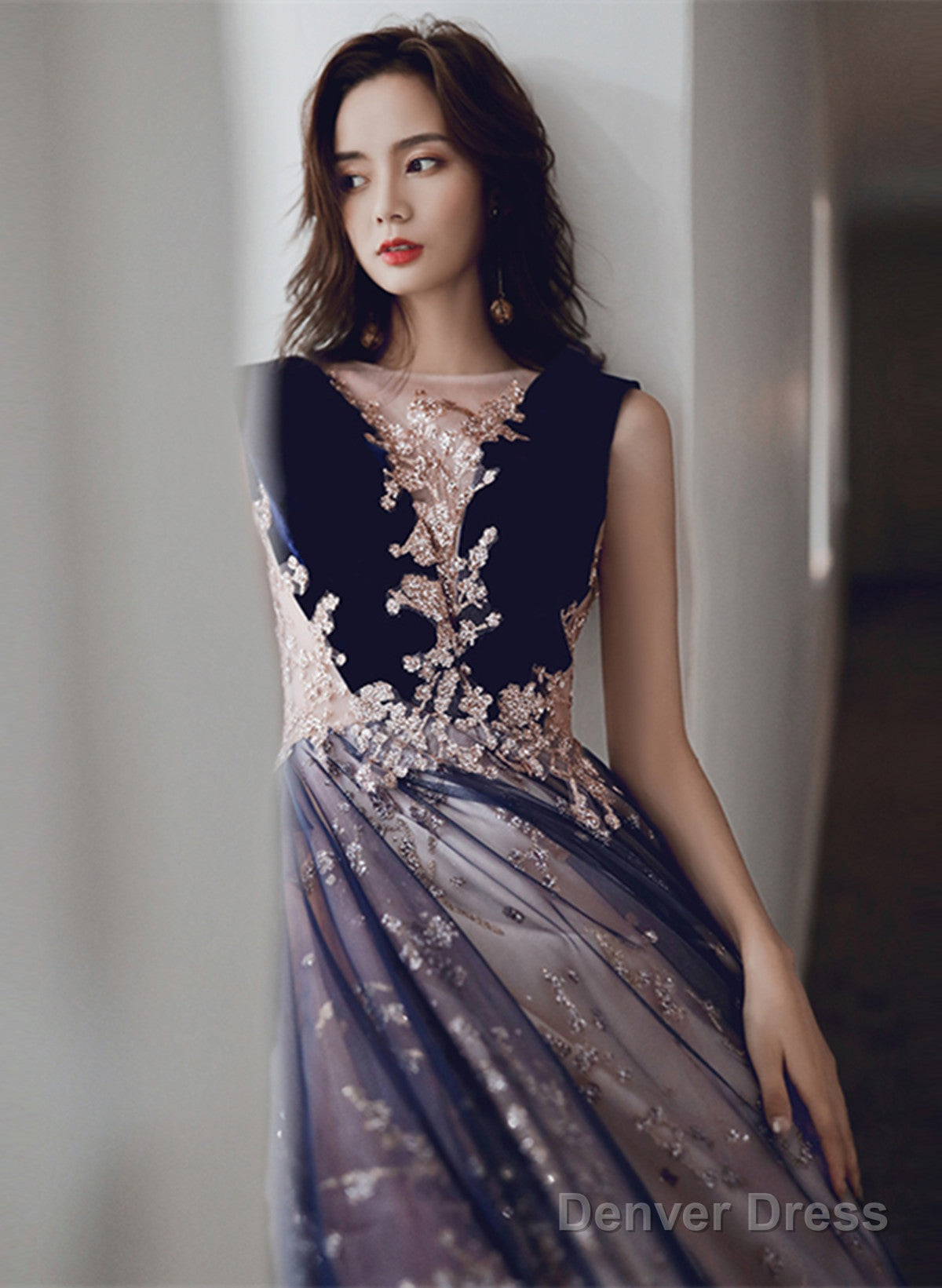 A Line Tulle And Velvet Long Prom Dress, Long Prom Dresses With Lace