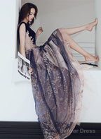 A Line Tulle And Velvet Long Prom Dress, Long Prom Dresses With Lace