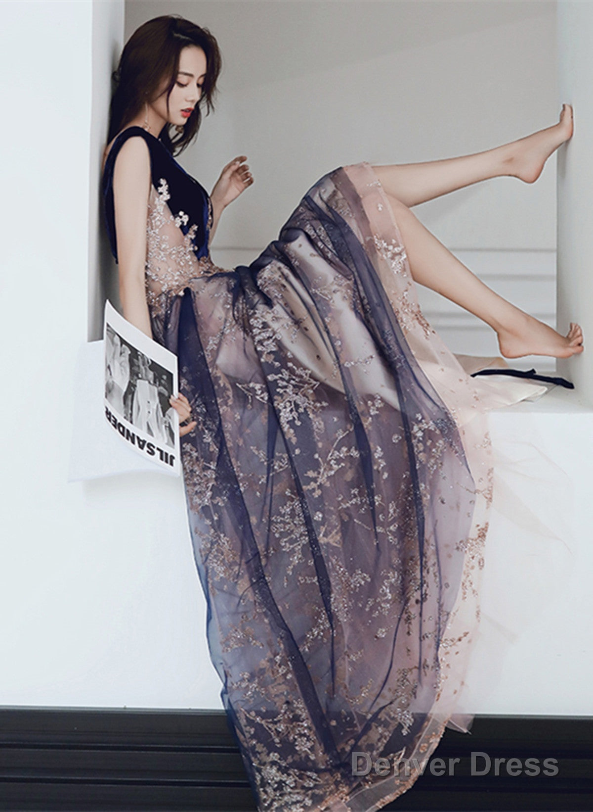 A Line Tulle And Velvet Long Prom Dress, Long Prom Dresses With Lace