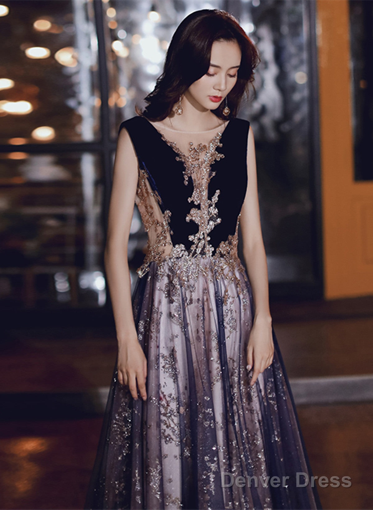 A Line Tulle And Velvet Long Prom Dress, Long Prom Dresses With Lace Main image