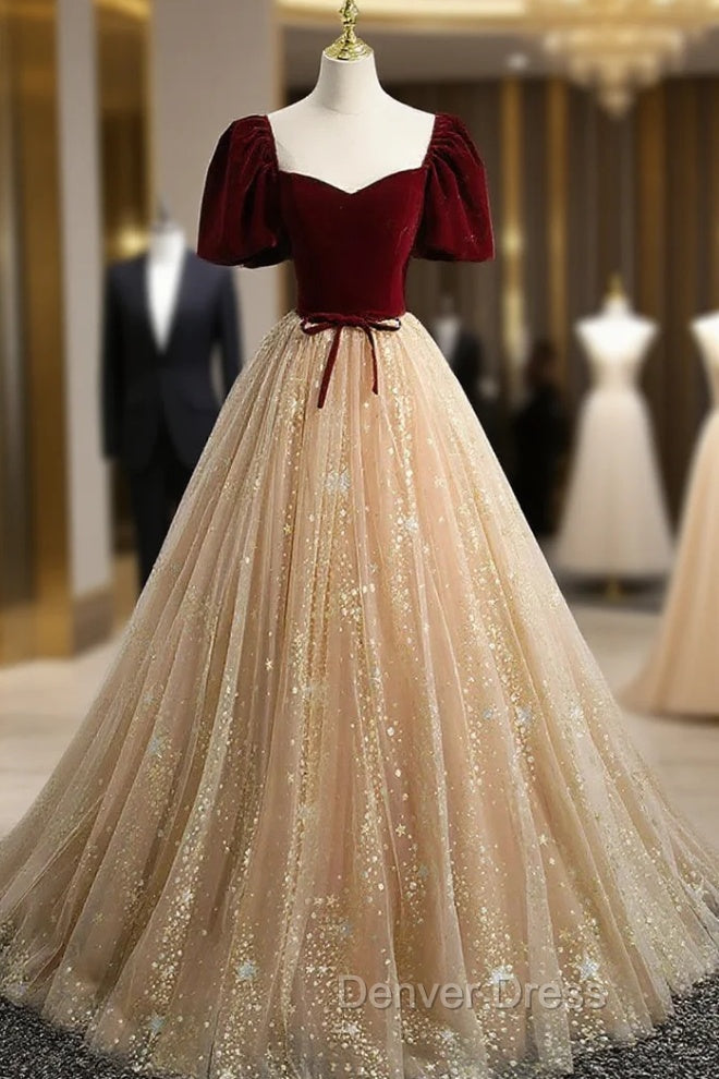 A Line Tulle and Velvet Short Sleeves Prom Dress, Sweetheart Long Prom Dresses Main image