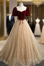 A Line Tulle and Velvet Short Sleeves Prom Dress, Sweetheart Long Prom Dresses