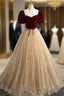 A Line Tulle and Velvet Short Sleeves Prom Dress, Sweetheart Long Prom Dresses