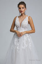 A Line tulle applique sleeveless floor length wedding Dresses