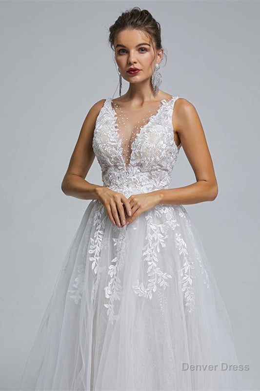 A Line tulle applique sleeveless floor length wedding Dresses