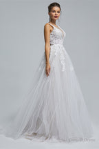 A Line tulle applique sleeveless floor length wedding Dresses