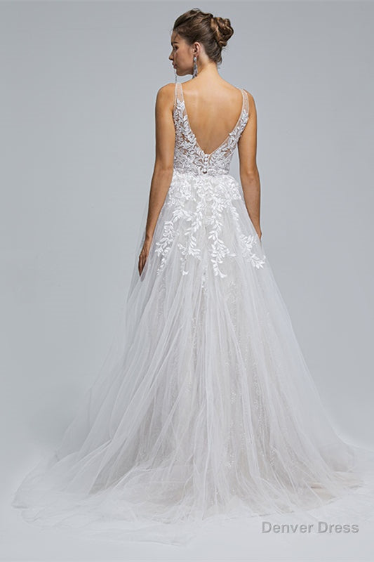 A Line tulle applique sleeveless floor length wedding Dresses