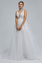 A-Line tulle applique sleeveless floor length wedding dress