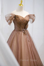 A Line Tulle Beaded Long Prom Dress, Off the Shoulder Prom Dresses