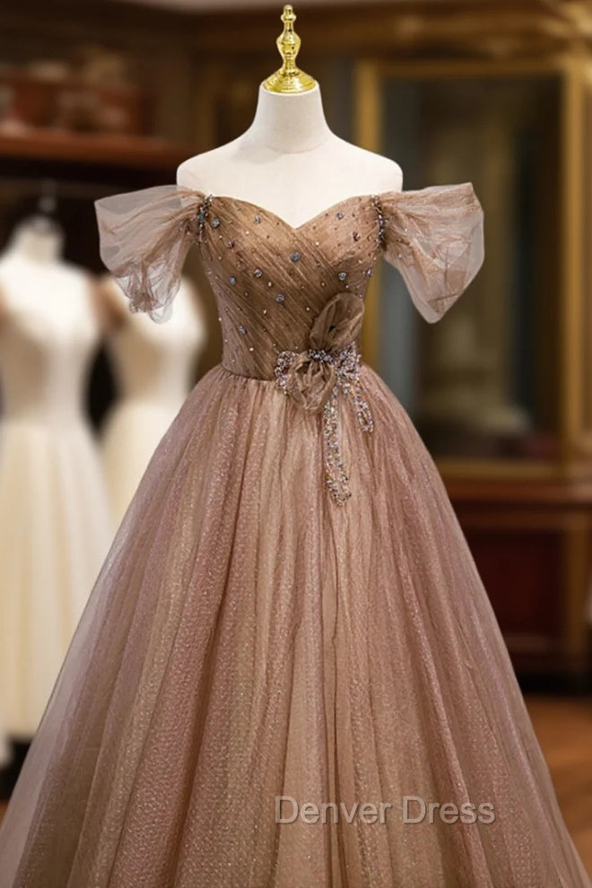 A Line Tulle Beaded Long Prom Dress, Off the Shoulder Prom Dresses