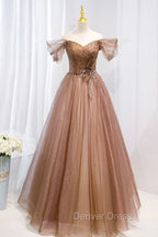 A Line Tulle Beaded Long Prom Dress, Off the Shoulder Prom Dresses
