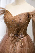 A-Line Tulle Beaded Long Formal Dresses, Off the Shoulder Evening Dresses