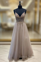 A Line Tulle Beaded Long Prom Dress, Cute V Neck Prom Dresses
