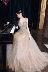 A-Line Tulle Beaded Long Prom Dress, Evening Party Dress