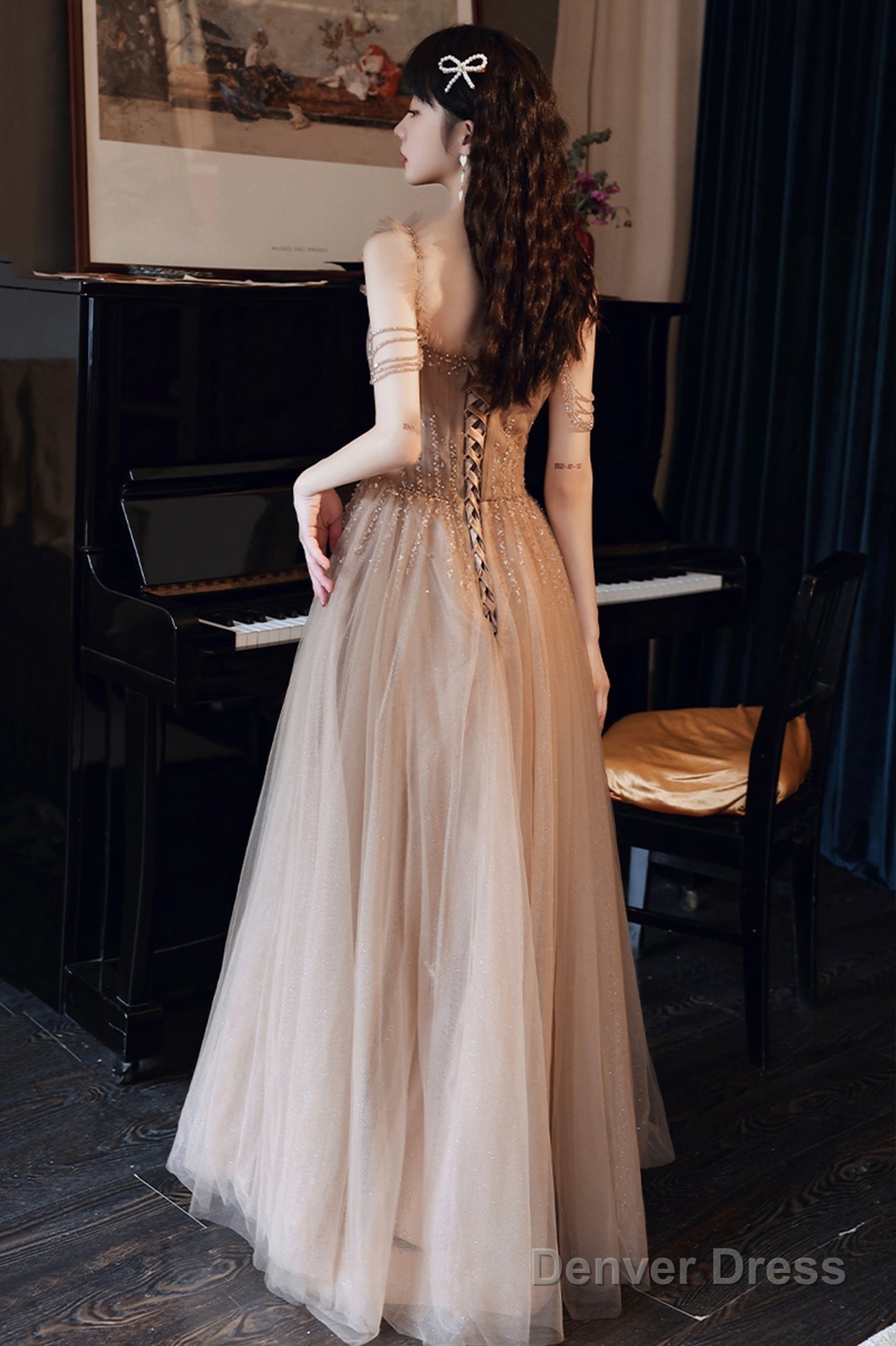 A-Line Tulle Beaded Long Prom Dress, Evening Party Dress