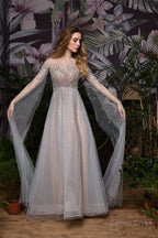 A Line Tulle Beading Handwork Long Sleeves Prom Dresses