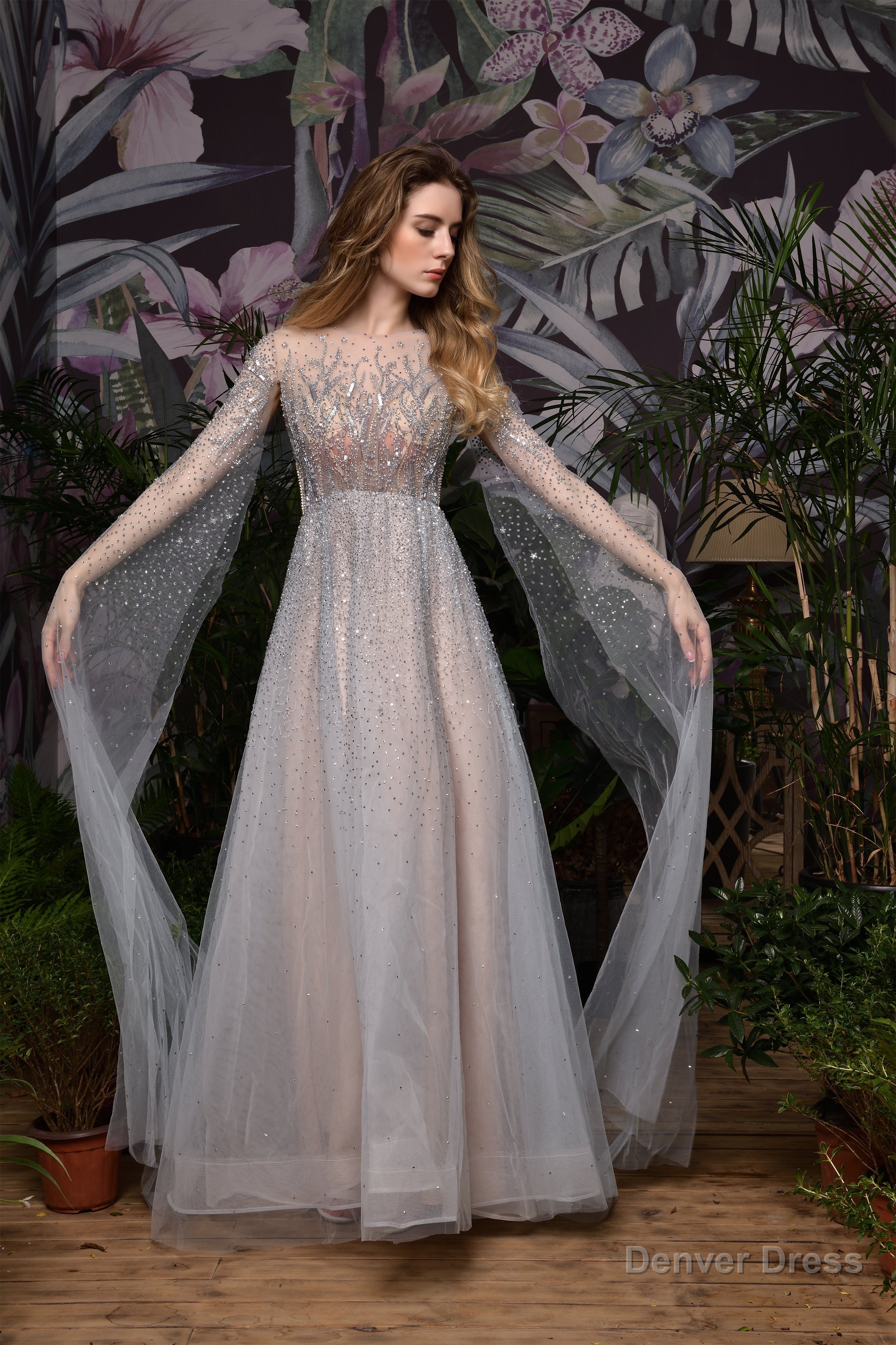 A Line Tulle Beading Handwork Long Sleeves Prom Dresses