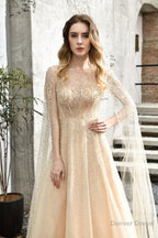 A Line Tulle Beading Handwork Long Sleeves Prom Dresses