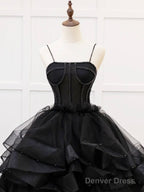 A-Line Tulle Beads Black Long Prom Dress, Black Sweet 16 Dress