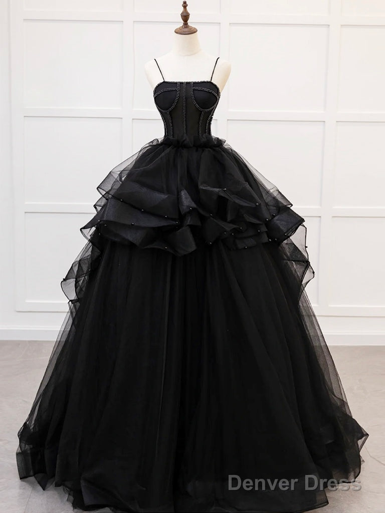 A-Line Tulle Beads Black Long Prom Dress, Black Sweet 16 Dress