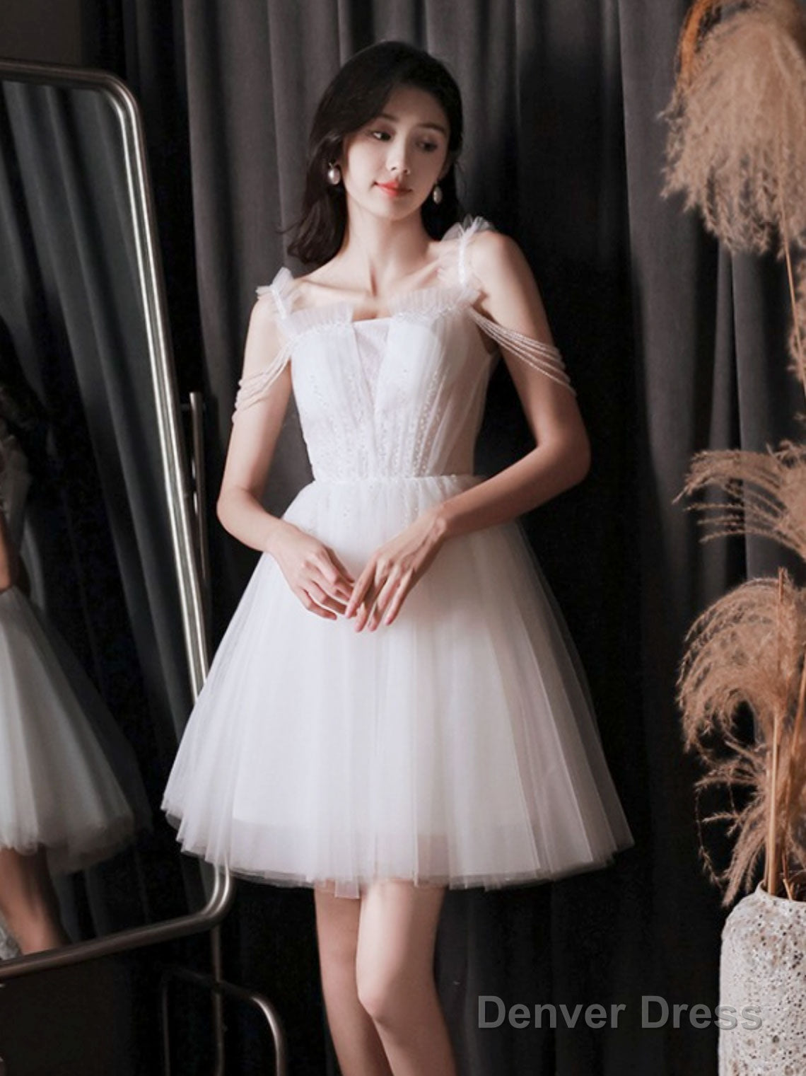 A Line Tulle Beads White Short Prom Dress, White Homecoming Dresses Secondary image