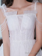 A Line Tulle Beads White Short Prom Dress, White Homecoming Dresses