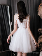 A Line Tulle Beads White Short Prom Dress, White Homecoming Dresses