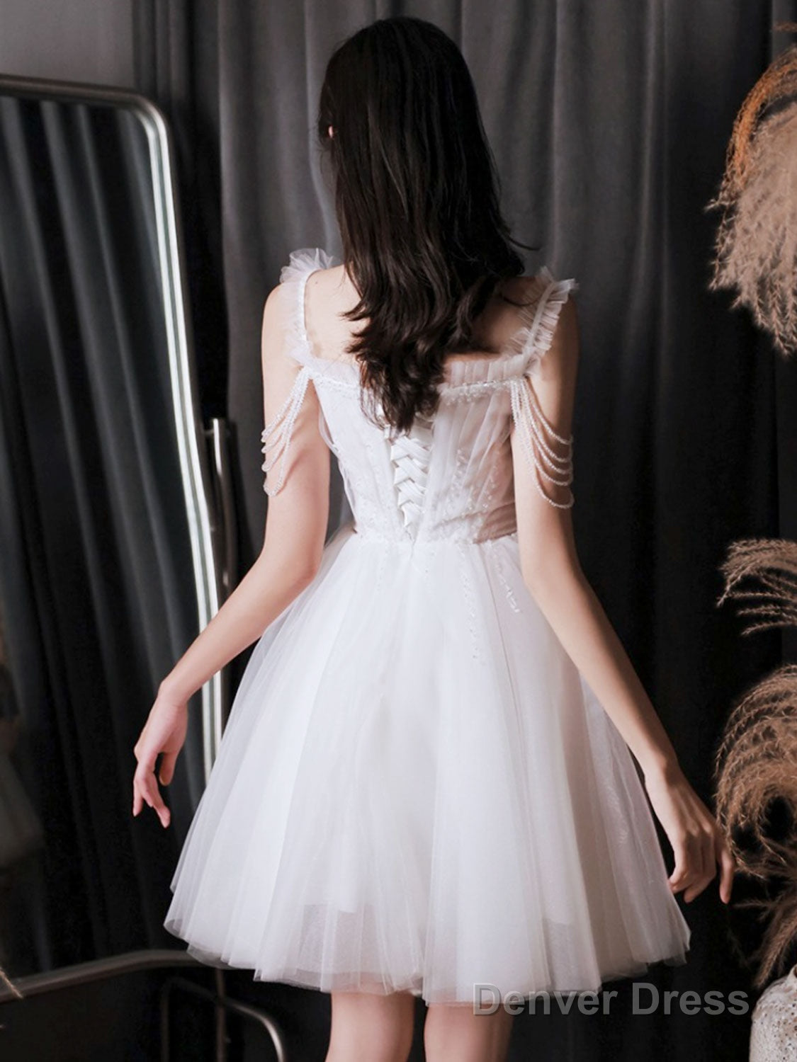 A Line Tulle Beads White Short Prom Dress, White Homecoming Dresses