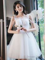 A Line Tulle Beads White Short Prom Dress, White Homecoming Dresses