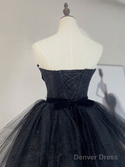 A-Line Tulle Black Long Prom Dress, Black Formal Evening Dress
