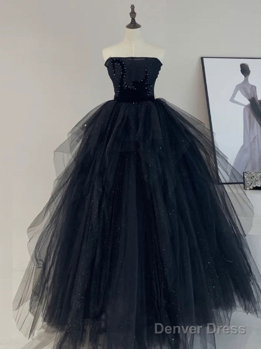 A-Line Tulle Black Long Prom Dress, Black Formal Evening Dress Main image