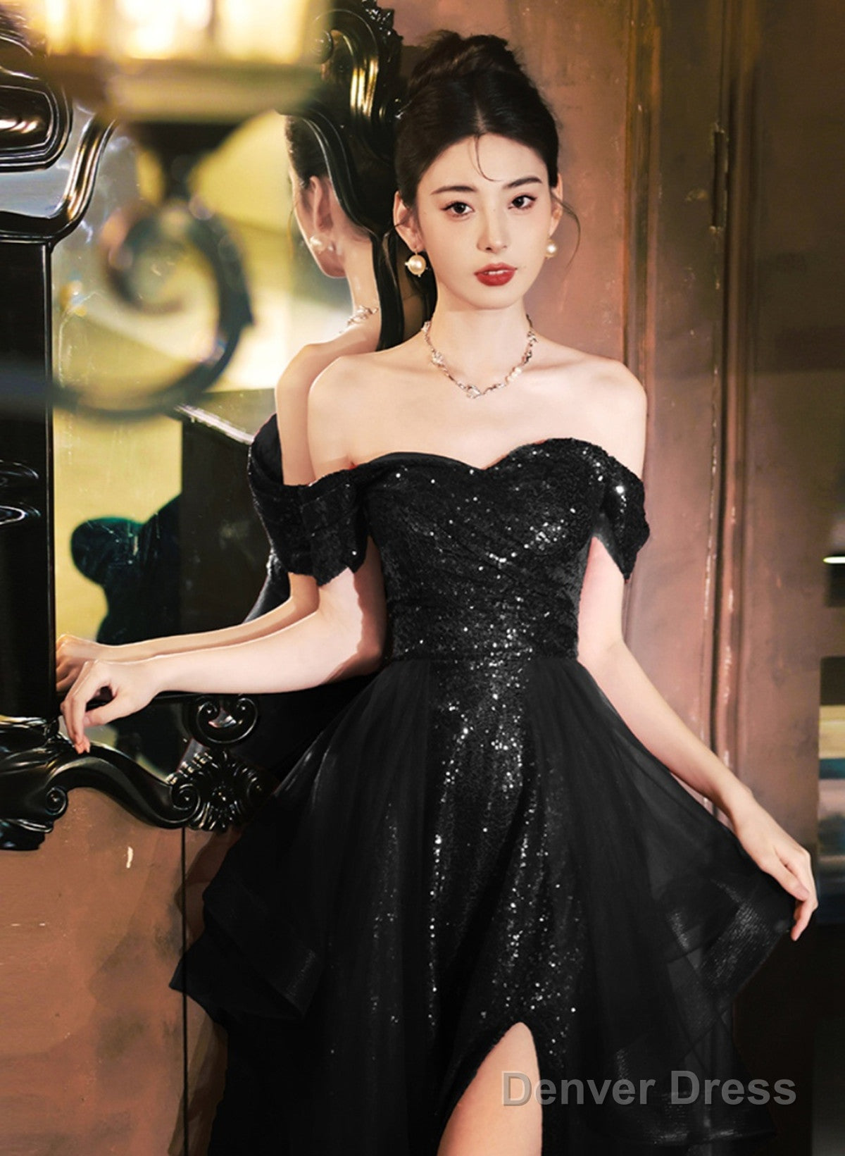 A-Line Tulle Black Off Shoulder Long Evening Dress, Black Sequins Prom Dress Secondary image