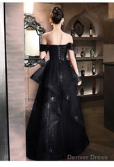 A-Line Tulle Black Off Shoulder Long Evening Dress, Black Sequins Prom Dress