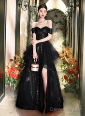 A-Line Tulle Black Off Shoulder Long Evening Dress, Black Sequins Prom Dress