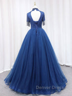 A Line Tulle Blue Long Prom Dress, Blue Prom Dresses with Beading