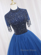 A Line Tulle Blue Long Prom Dress, Blue Prom Dresses with Beading