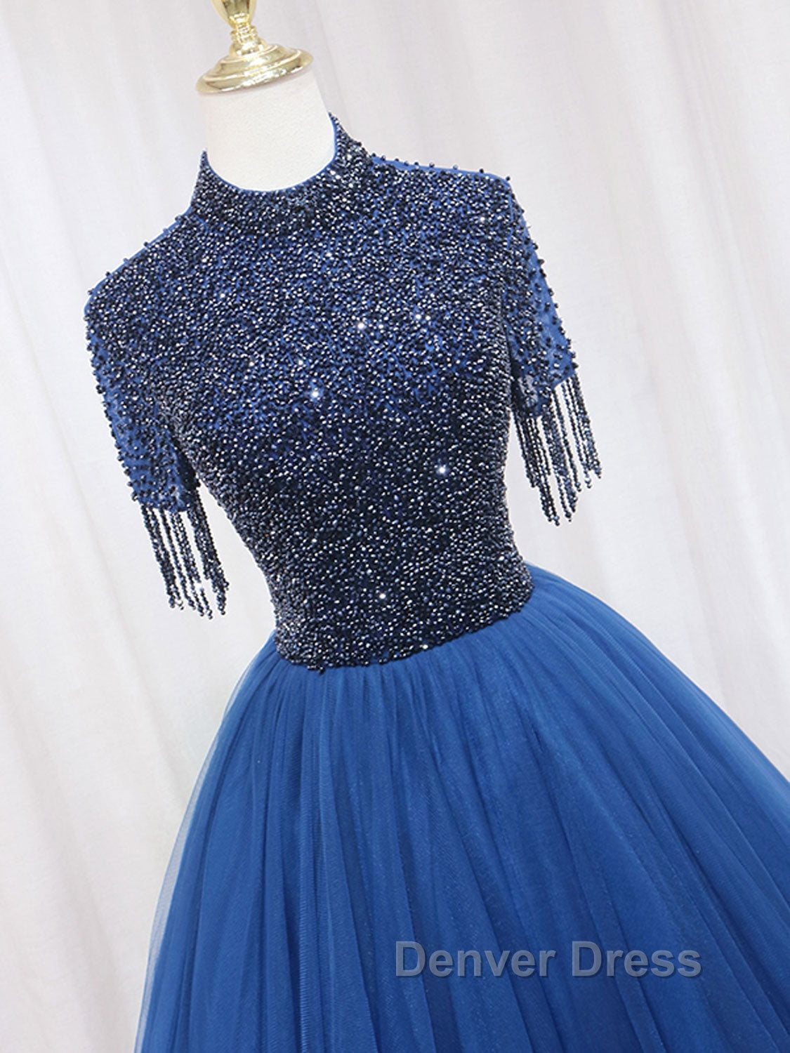 A Line Tulle Blue Long Prom Dress, Blue Prom Dresses with Beading